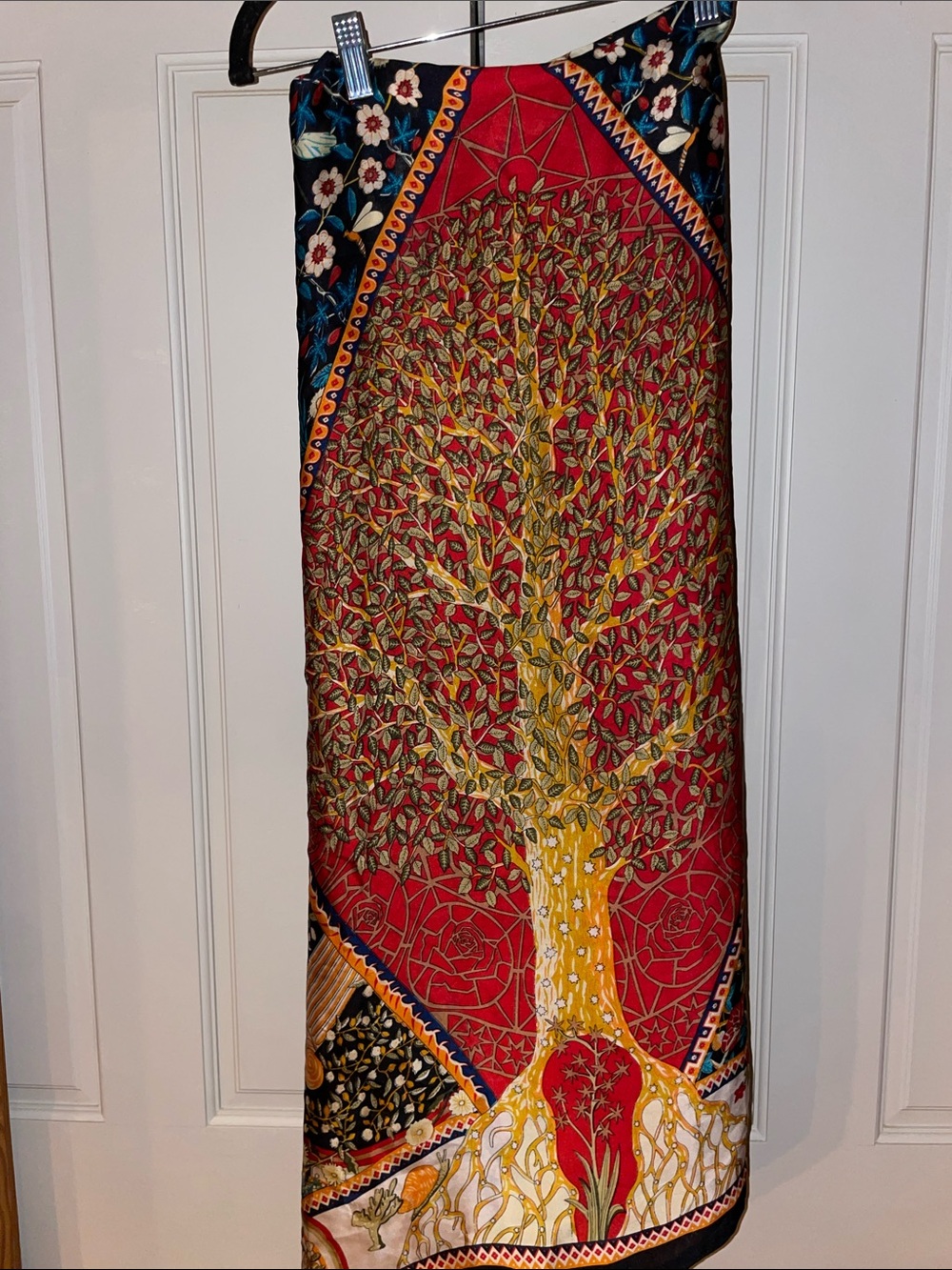 Vibrant Tree Motif Silk Scarf in Red and Gold